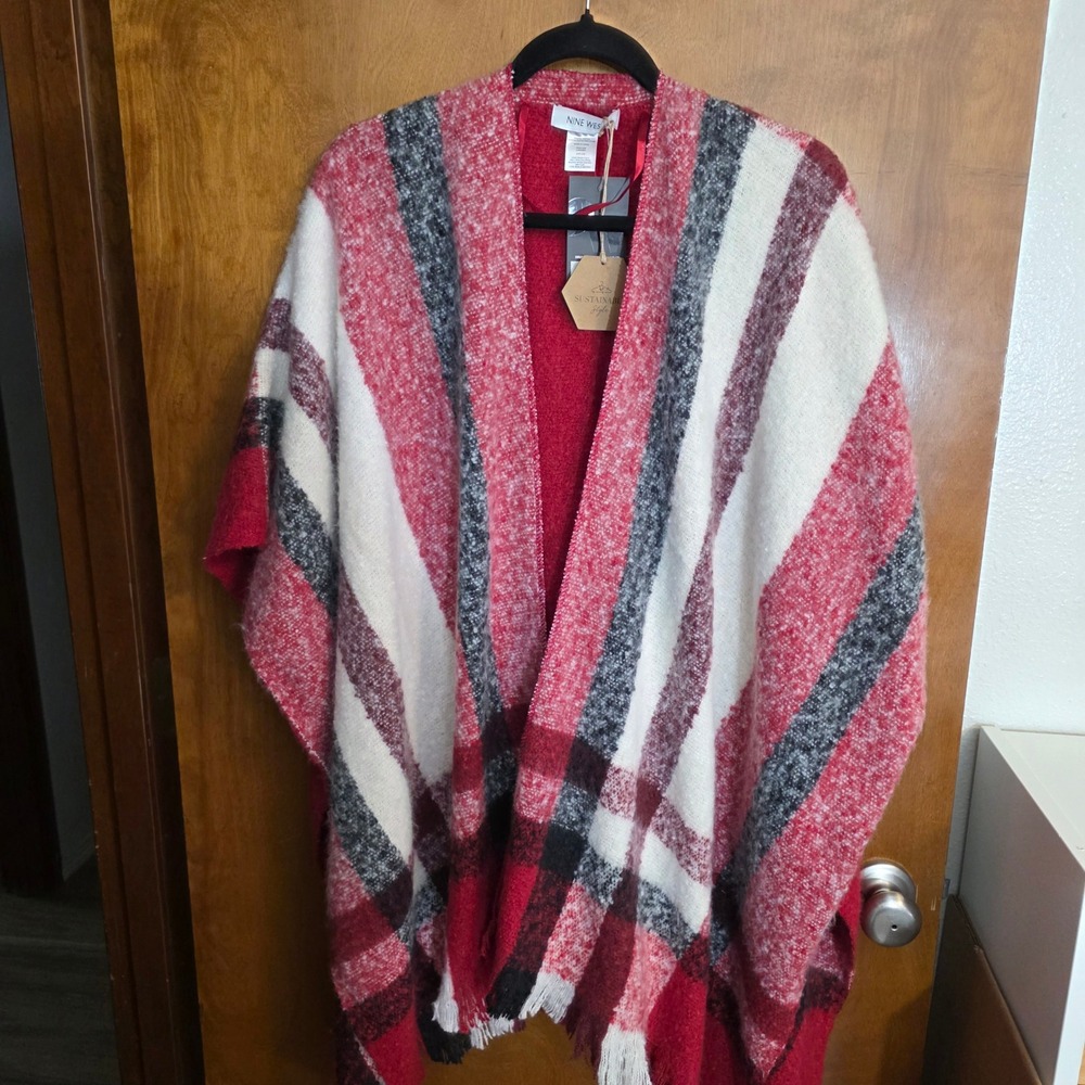 Nine West Womens Red Plaid Ruana Wrap Shawl OS NWT Luxe Soft!
